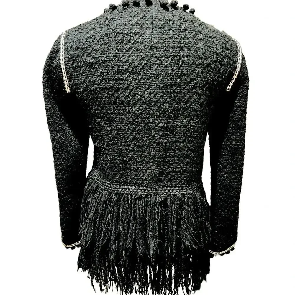 Zara Tweed Fringe Pom Pom Tassels Lined Boucle Jacket Blazer Black Size XS